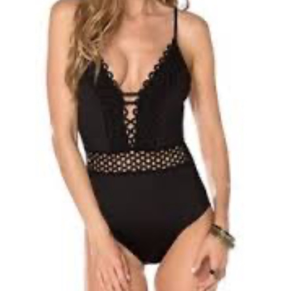 BECCA Black Scallop Lace One Piece Swimsuit